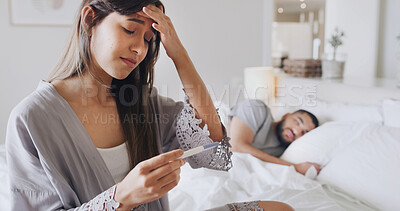 Buy stock photo Pregnancy test, worry and anxiety with woman in bedroom for ovulation prediction, ivf results and bad news. Cycle tracking, fertility monitor and hormone level kit with nervous person in home