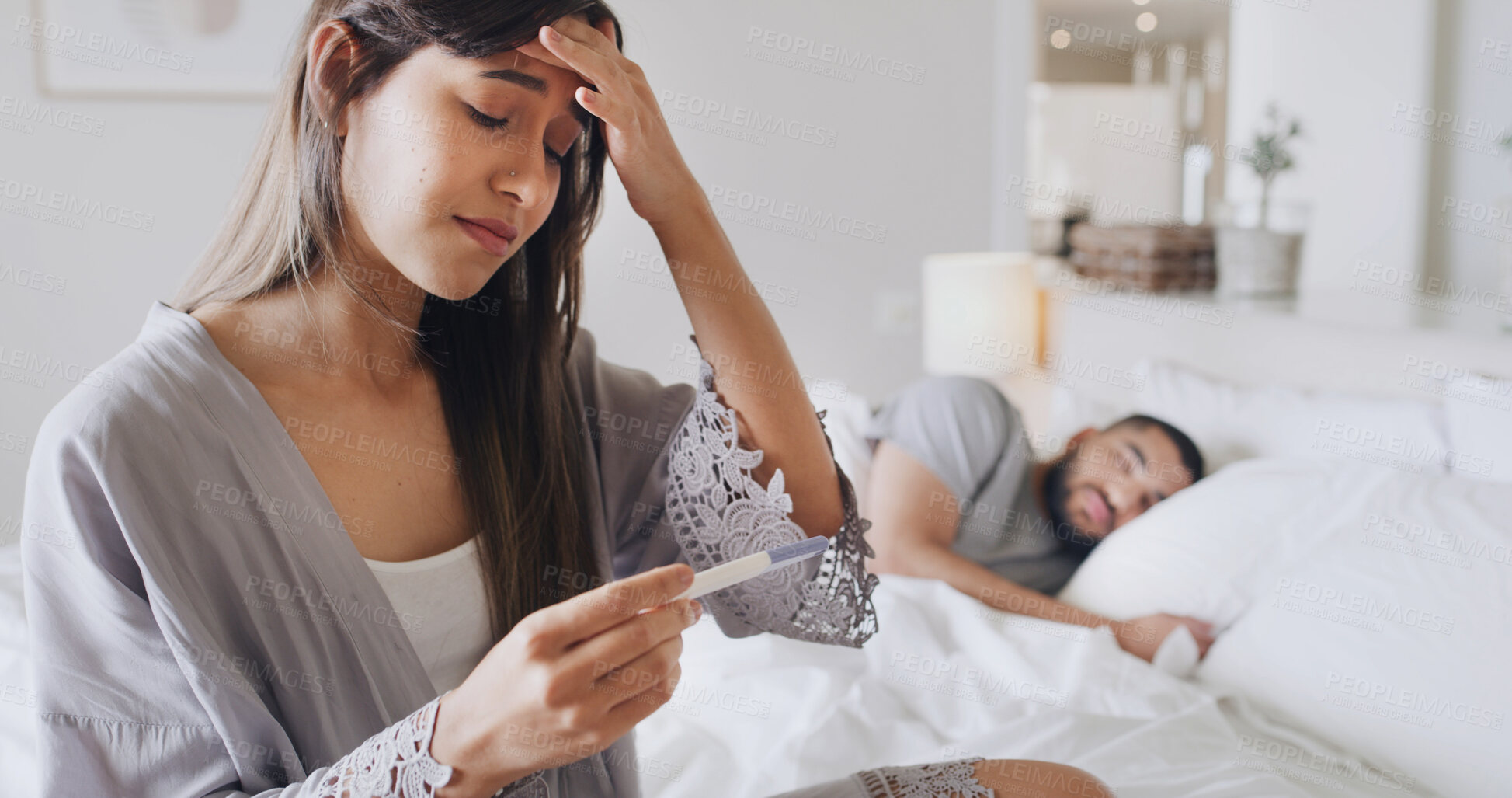 Buy stock photo Pregnancy test, worry and anxiety with woman in bedroom for ovulation prediction, ivf results and bad news. Cycle tracking, fertility monitor and hormone level kit with nervous person in home