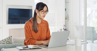 Buy stock photo Remote work from home, laptop and woman with internet, deadline and research for article. Person, copywriting and journalist with computer, editing and email for feedback, news report and review