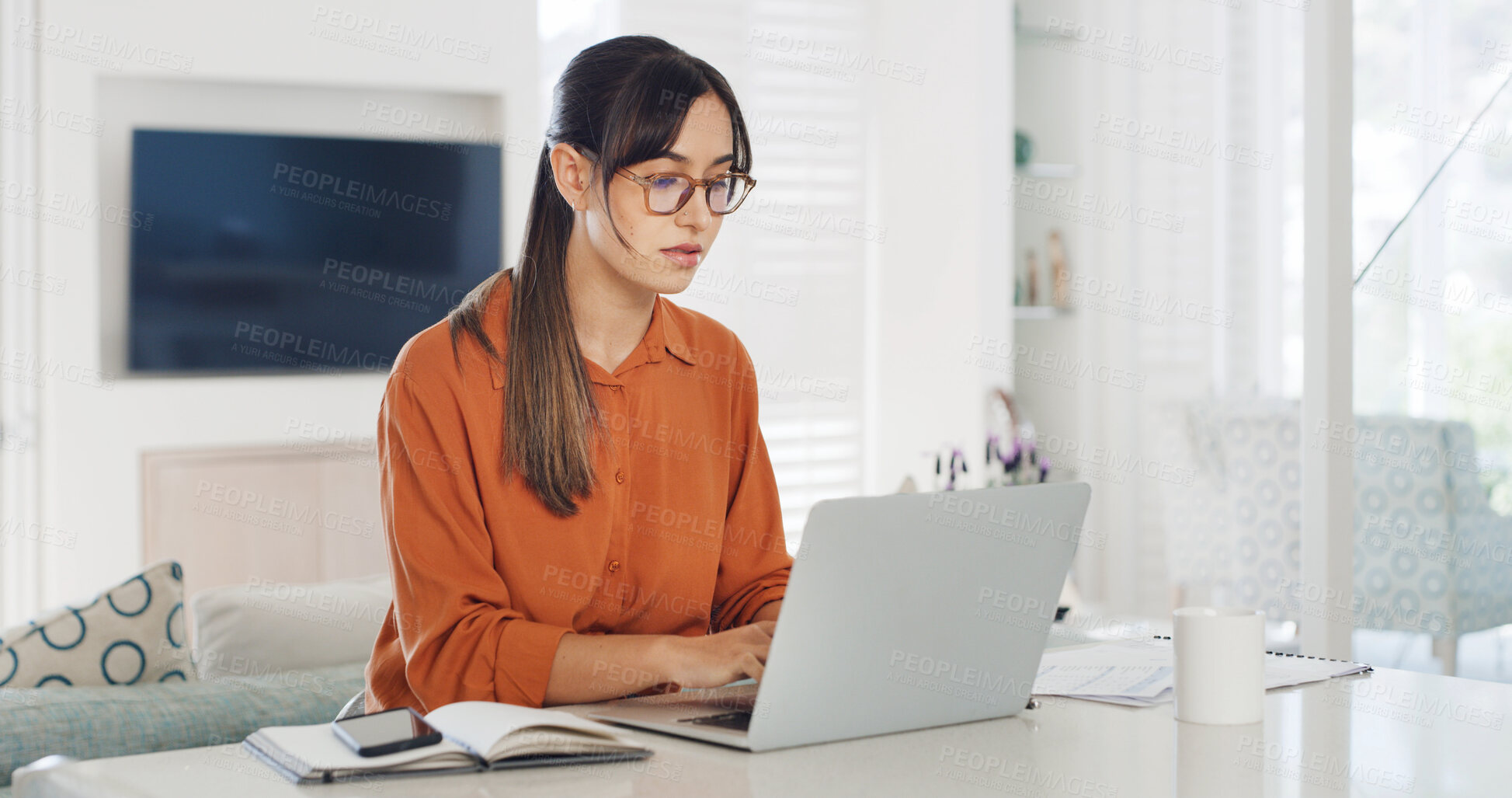 Buy stock photo Remote work from home, laptop and woman with internet, deadline and research for article. Person, copywriting and journalist with computer, editing and email for feedback, news report and review