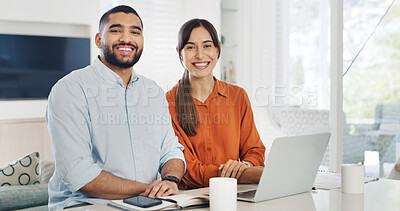 Buy stock photo Portrait, finance and happy couple in home for budget, taxes and investment with computer. Smile, man and woman with laptop for savings, asset management and mortgage loan with partner together