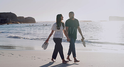 Buy stock photo Love, holding hands and vacation with couple at beach for travel, summer and relax. Adventure, support and holiday with walking, man and woman on seaside date for commitment, care and happy together