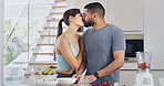 Smoothie, home and couple in kitchen, kissing and detox with support, gut health or love. Relationship, protein shake or man with woman, weight loss or nutrition with vitamins, wellness or blender