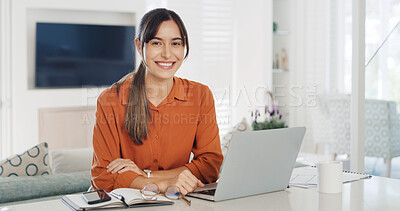 Buy stock photo Portrait, woman and smile with laptop at house of accounting, about us and finance advisor. Female person, notebook and happy with ambition, financial checklist and budget information for remote work
