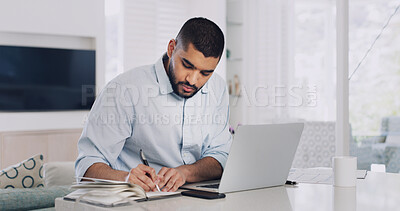 Buy stock photo Remote work from home, writing and man with laptop, review and research for article. Person, copywriting and journalist with computer, editing and email for feedback, news report and creativity