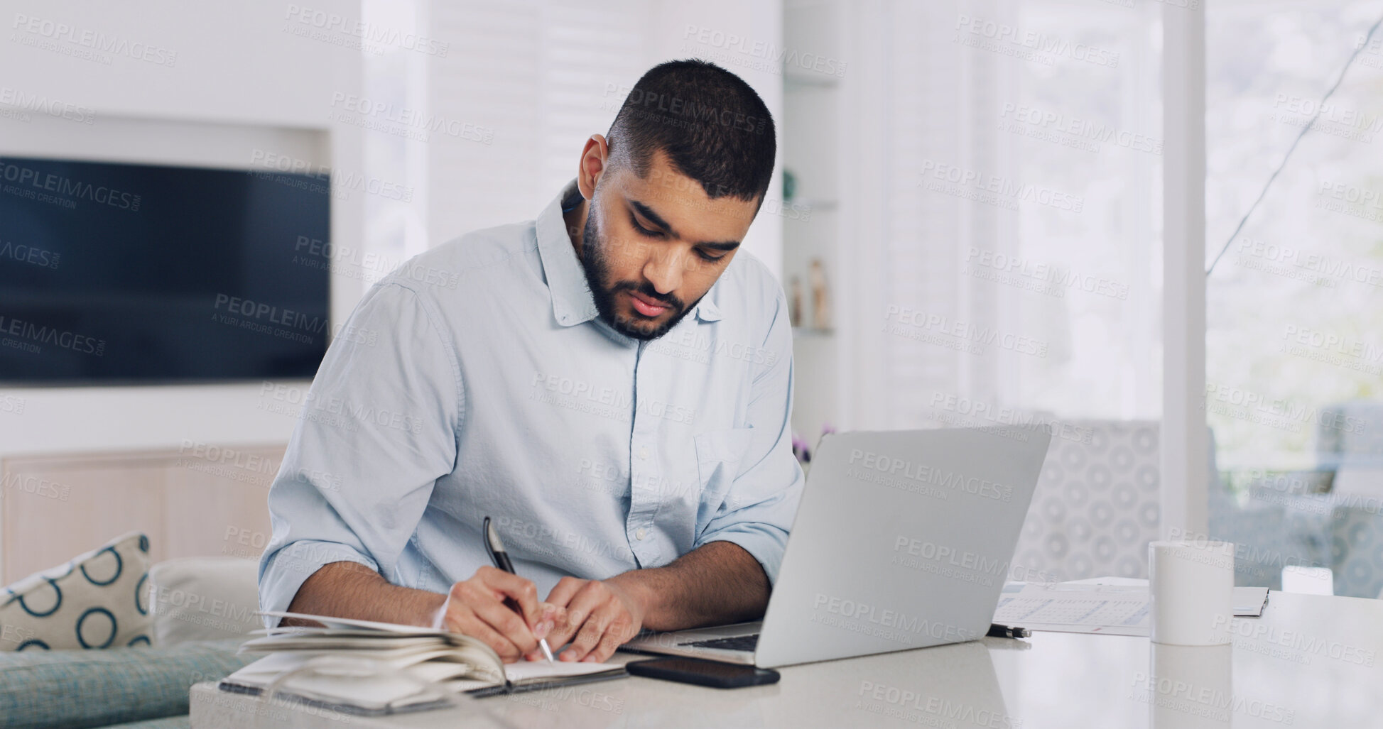 Buy stock photo Remote work from home, writing and man with laptop, review and research for article. Person, copywriting and journalist with computer, editing and email for feedback, news report and creativity