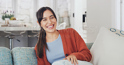 Buy stock photo Funny, home and woman on sofa, smile and entertainment with weekend break in living room. Apartment, watching television and person on couch, happiness and laughing with humor, joke and expression