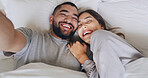Influencer, couple and selfie with love, smile and laugh for romance in bedroom. Man, woman and commitment with honeymoon memory, photography and relationship for vacation and social media post