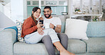 Phone, relax and text message with couple on sofa in living room of home together for social media browsing. App, communication or smile with man and woman in apartment for bonding or wellness