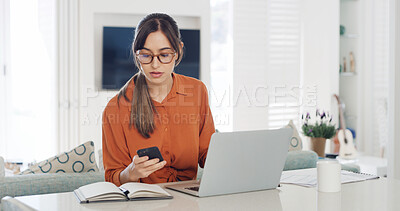 Buy stock photo Remote work from home, smartphone and woman with laptop, internet and copywriting with app. Apartment, person and journalist with cellphone, online reading and connection with research for article