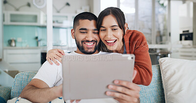 Buy stock photo Tablet, smile and couple in living room for video call, communication and bonding on home sofa. Hug, technology and happy man with woman, website and social media or internet browsing for discussion
