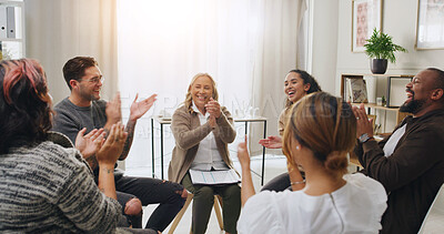 Buy stock photo Meeting, applause and counseling with people in support group for sobriety millstone, community and success. Recovery check in, achievement and therapy workshop with men and women for celebration
