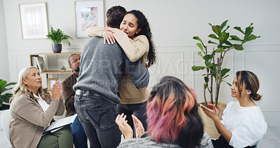 Buy stock photo Hug, applause and therapy with people in support group for sobriety millstone, community and success. Recovery check in, sponsor embrace and counseling workshop with men and women for solidarity