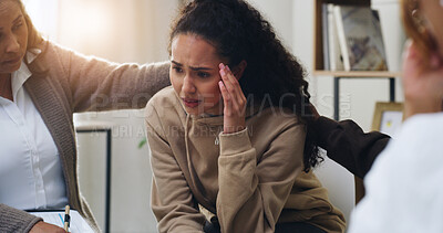 Buy stock photo Support group, people and comfort sad woman for mental health, therapy and healing depression. Psychology, hope and counseling together with empathy, kindness and care with trauma in community center