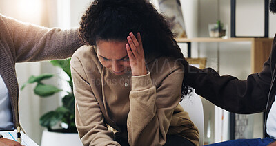 Buy stock photo Support group, people and sad woman in therapy for mental health and healing depression. Psychology, comfort and counseling together with empathy, kindness and care with trauma in community center