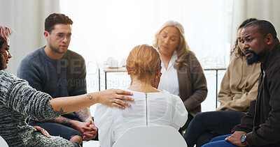 Buy stock photo Care, group counseling and sad woman with support for addiction recovery, kindness or comfort. Psychology, people and therapy for help with alcoholic rehabilitation in community center with empathy