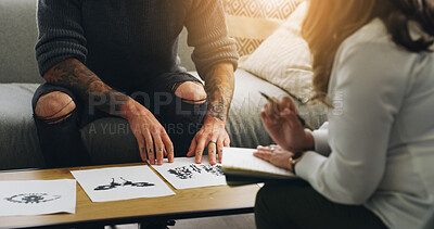 Buy stock photo Therapist, hands or inkblot test for psychology evaluation, personality assessment or emotion. People, psychiatry or Rorschach paper for counseling, psychological analysis or mental health with flare