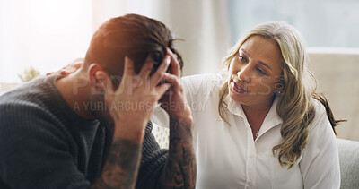 Buy stock photo Therapist, comfort and man with woman in office, mental health and care for patient with depression. Psychologist, counseling and advice for person with anxiety, talking or consultation for trauma
