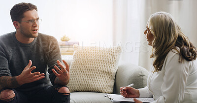 Buy stock photo Advice, therapy and discussion with people in counseling session for mental health, assessment and support. Patient report, psychologist diagnosis and treatment plan with man and woman in office