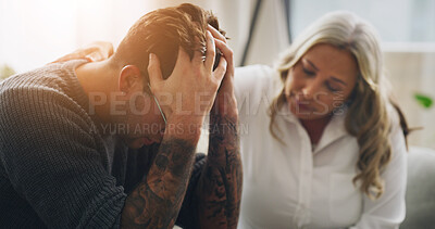 Buy stock photo Therapist, sympathy and man with woman in office, mental health or care for patient with depression. Psychologist, counseling and advice for person with anxiety, talking or consultation for trauma