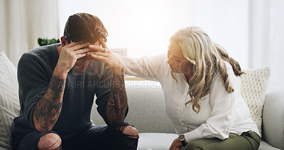 Buy stock photo Therapist, help and man with woman in office, mental health or sympathy for patient with depression. Psychologist, counseling and advice for person with anxiety, flare and consultation for trauma