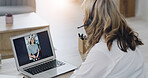 Therapist, person and laptop for video call in office for consultation, therapy session and advice. Woman, psychologist and screen with headset for webinar chat, patient counseling and wellness tips