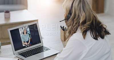 Buy stock photo Therapist, person and laptop for video call in office for consultation, therapy session and advice. Woman, psychologist and screen with headset for webinar chat, patient counseling and wellness tips