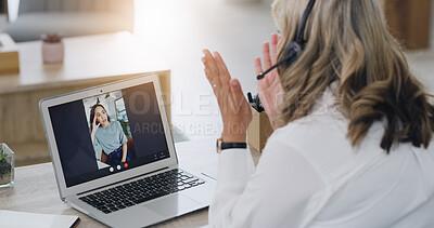 Buy stock photo Therapist, person and laptop for video call at house for consultation, therapy session and advice. Woman, psychologist and screen with headset for webinar chat, patient counseling and wellness tips