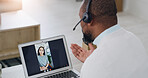 Psychologist, video call and laptop screen with headset in home for online therapy session. Man, woman and therapist with client on computer for advice, telehealth or virtual assistance in house