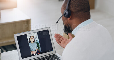 Buy stock photo Psychologist, video call and laptop screen with headset in home for online therapy session. Man, woman and therapist with client on computer for advice, telehealth or virtual assistance in house