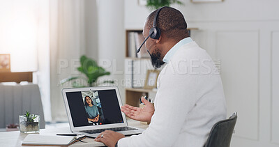 Buy stock photo Therapist, video call or laptop screen with virtual consultation in home for online therapy session. Man, woman and psychologist with remote work, headset or computer for telehealth or counseling