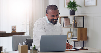 Buy stock photo Headset, writing and laptop with black man in home office for schedule, virtual assistant and freelancer. Appointment reminder, meeting planning and remote worker with person for contact and agenda