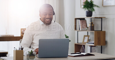 Buy stock photo Psychologist, headset and virtual meeting with laptop in office for advice, telehealth or flare. Doctor, mature black man or happy with video call at clinic for healing progress, therapy or follow up