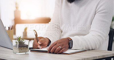 Buy stock photo Hands, writing and laptop with business man in office for schedule, notebook and calendar planner. Appointment reminder, meeting planning and checklist with person for journal, notes and agenda