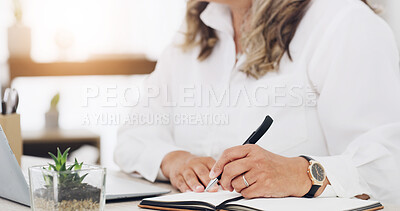 Buy stock photo Hands, writing and notebook with business woman in office for schedule, task and calendar planner. Appointment reminder, meeting planning and checklist with person for journal, notes and agenda