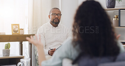 Buy stock photo Mental health, therapist and listening to patient in therapy for trauma evaluation, help and advice. Psychology, expert and people in clinic for counseling session, psychotherapy and anxiety support