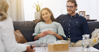Buy stock photo Counseling, pregnant couple and taking in therapist office for visit, advice and happy for help. Pregnancy, man and woman with psychologist for understanding, trust and notes for support as parents
