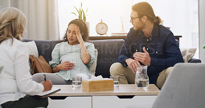 Buy stock photo Couple, pregnant woman and therapist for counseling session of conflict, marriage advice and fight. Frustrated, people and psychologist with clipboard, partner stress and guidance for relationship