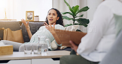 Buy stock photo Counseling, pregnant woman and talk in therapist office for visit, advice and patient for help. Pregnancy, person and communication with psychologist for mental health, anxiety and notes for support