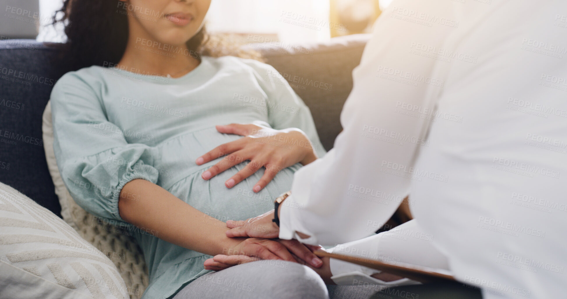 Buy stock photo Hands, pregnant woman or psychologist with support in counseling for mental health, empathy or help. Perinatal psychiatry, doctor or patient on sofa for pregnancy psychosis, expert advice and comfort