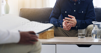 Buy stock photo Mental health, therapy and hands of person on couch with therapist for advice, psychology and notes. Counseling, consultation and man with psychiatrist for help, support or decision with life coach