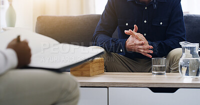 Buy stock photo Mental health, counseling and hands of person on couch with therapist for advice, psychology and notes. Therapy, consultation and man with psychiatrist for help, support or decision with life coach