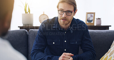Buy stock photo Man, talk and consultation with psychologist for mental health, assessment and support at clinic. Person, therapist and discussion for tips with counseling for anxiety, insight or advice for wellness