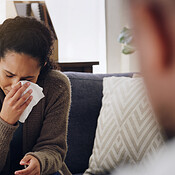 Mental health, therapy and woman crying on couch with therapist for ...