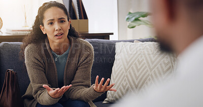 Buy stock photo Counseling, therapist and woman with stress on sofa for mental health, explain trauma and support. Psychology, people and consultation in clinic for therapy session, patient assessment and guidance