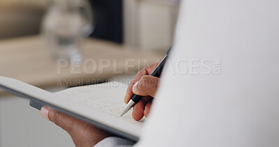 Buy stock photo Hands, psychology and writing notes in book for patient report, diagnosis or review for evaluation process. Person, therapist and checklist with info, feedback and assessment at mental health clinic