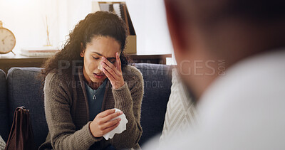 Buy stock photo Mental health, counseling and woman crying on couch with therapist for advice, psychology and grief. Therapy, consultation and person with psychiatrist for tears, support or decision with life coach