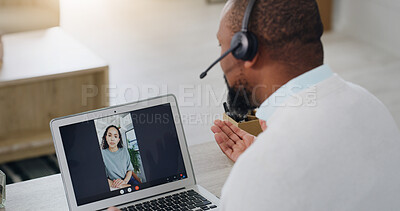 Buy stock photo Psychologist, person and laptop for video call in office for consultation, therapy session and advice. People, therapist and screen with headset for webinar chat, patient counseling and wellness tips