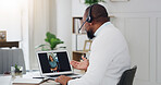 Man, therapist and video call with laptop screen for counseling or online therapy in home. Male person, psychologist and talking with client, headset or computer for telehealth app or virtual advice