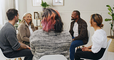 Buy stock photo Support, group therapy and happy people in circle for addiction discussion. Psychology, men and women together for counseling, help and share story for alcoholic rehabilitation in community center